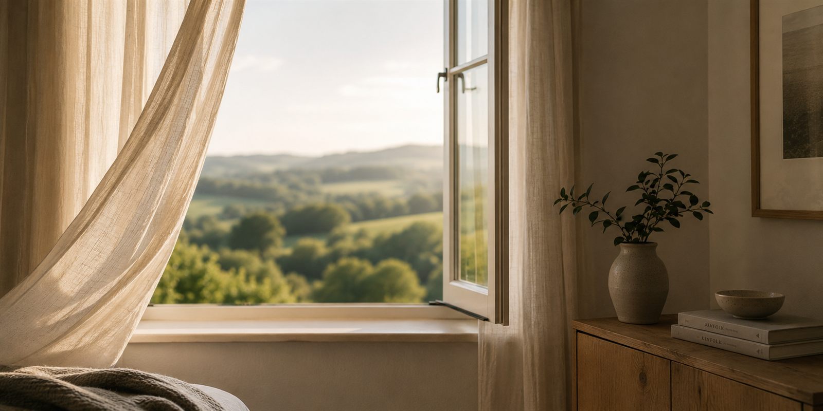 A linen curtain drifting at an open window overlooking rolling green hills