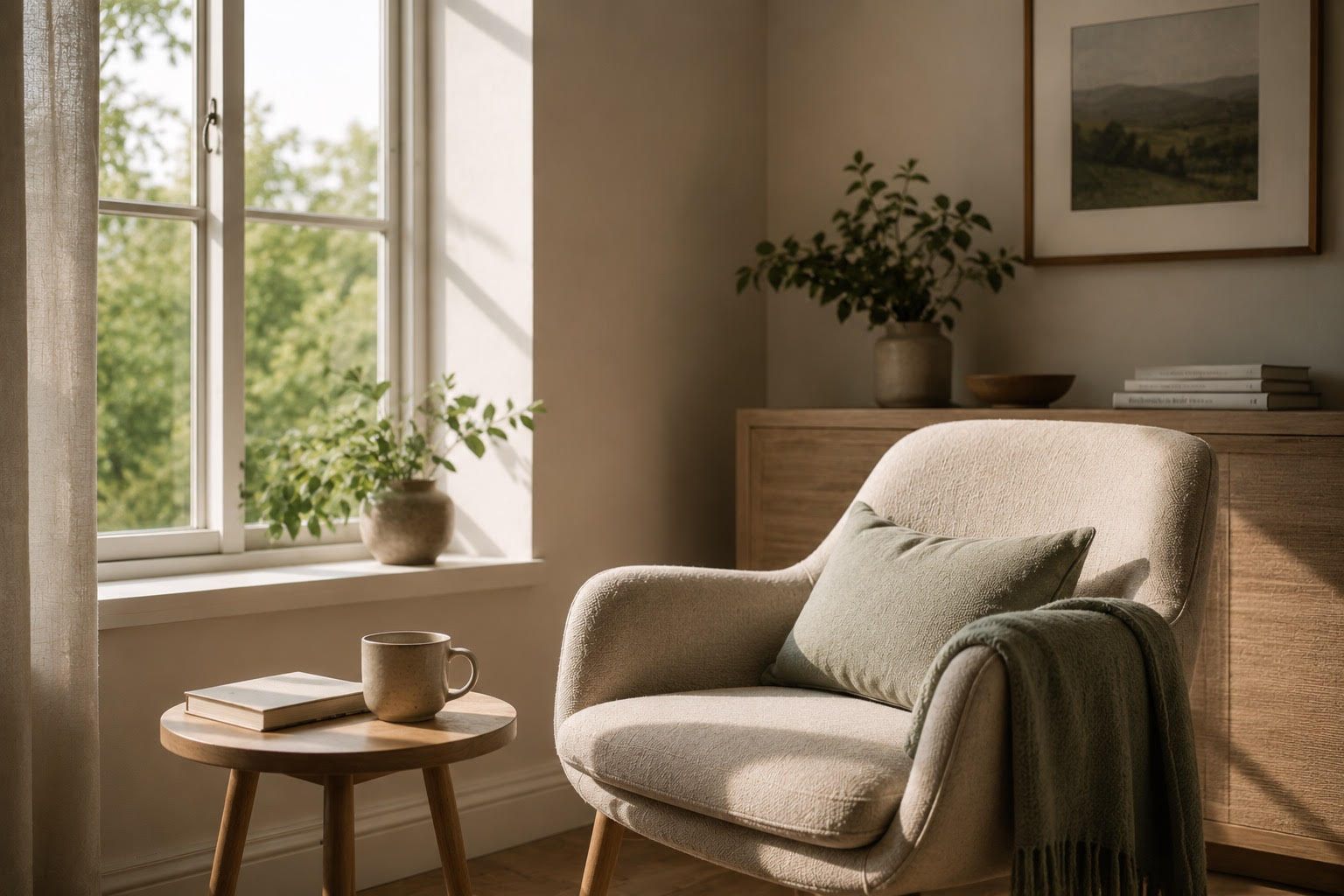 A quiet armchair beside a sunlit window, with a blanket and a cup of tea