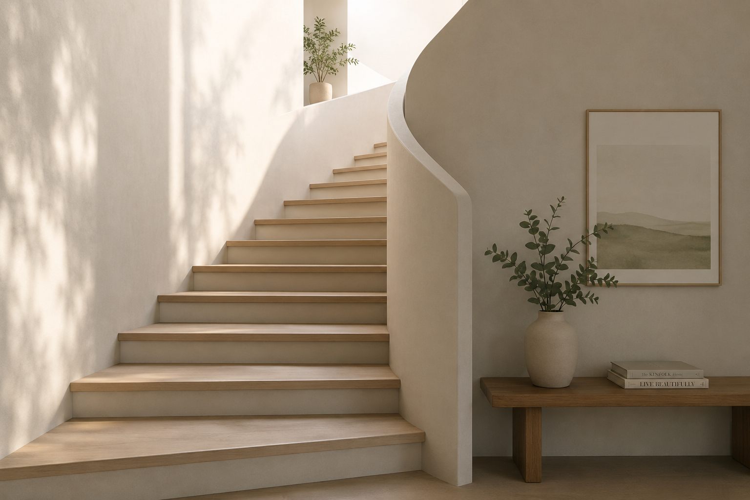 A pale staircase curving upward into warm afternoon light