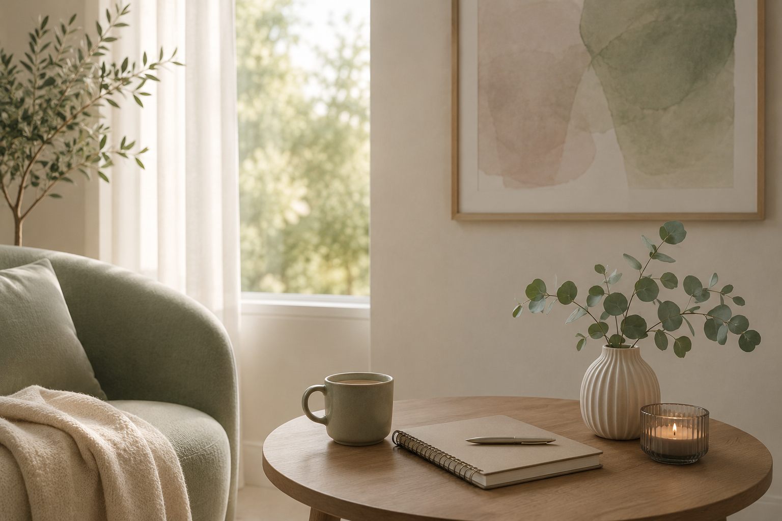 A calm sitting room with soft daylight through the window, a chair and a notebook on a low table