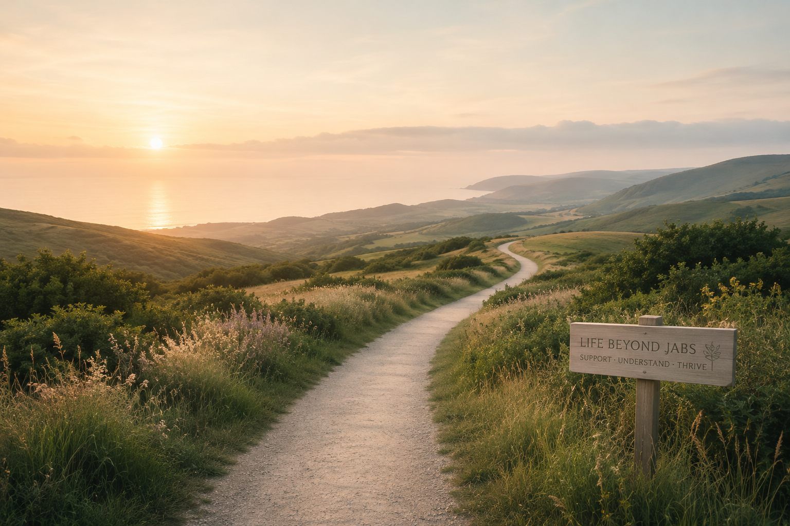 A coastal path winding down towards the sea at sunset, with a Life Beyond Jabs waymarker beside it