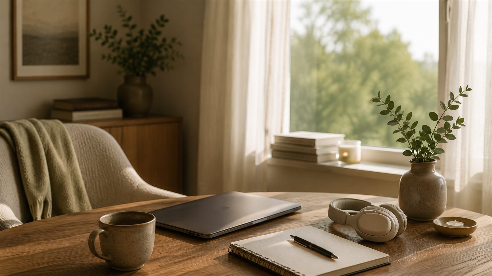 A calm desk set up for an online session, with a notebook and headphones beside the window