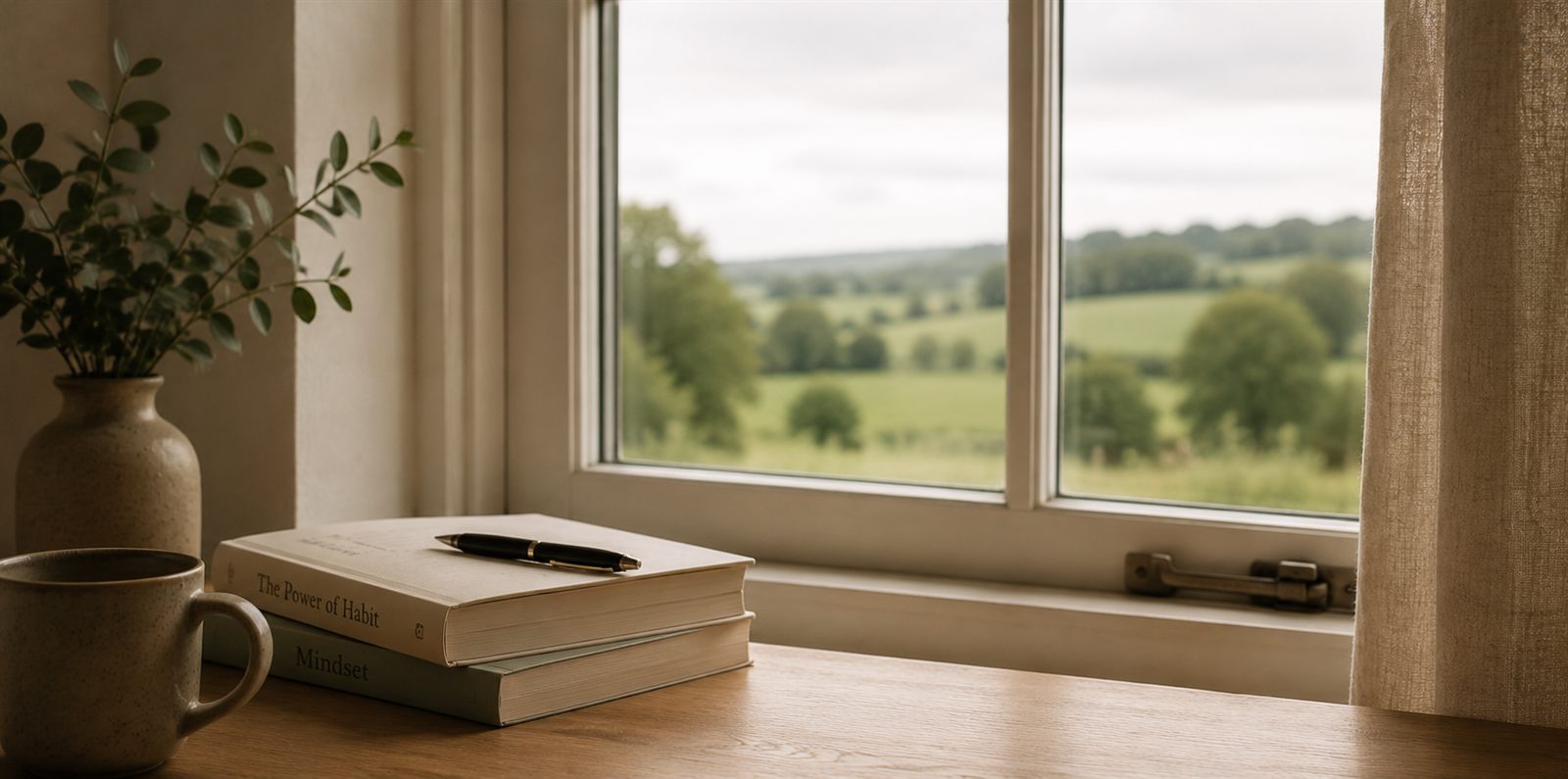 Books resting on a windowsill overlooking open fields