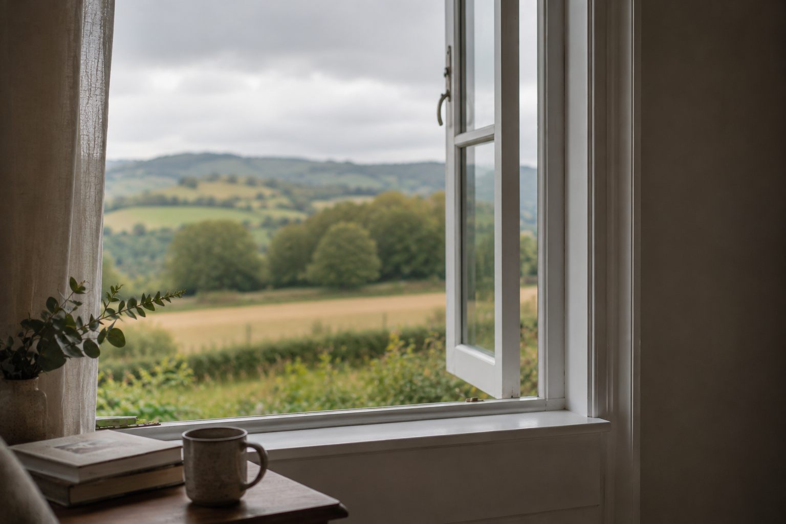 An open window looking out across open countryside