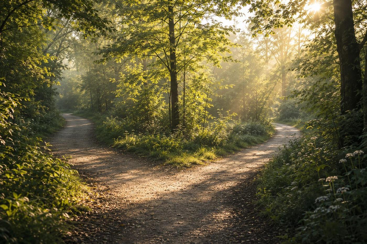 A woodland path forking gently in dappled morning light